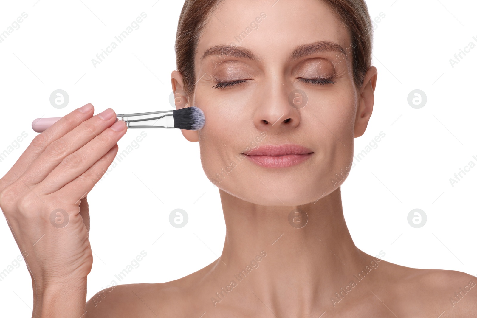 Photo of Woman with makeup brush on white background