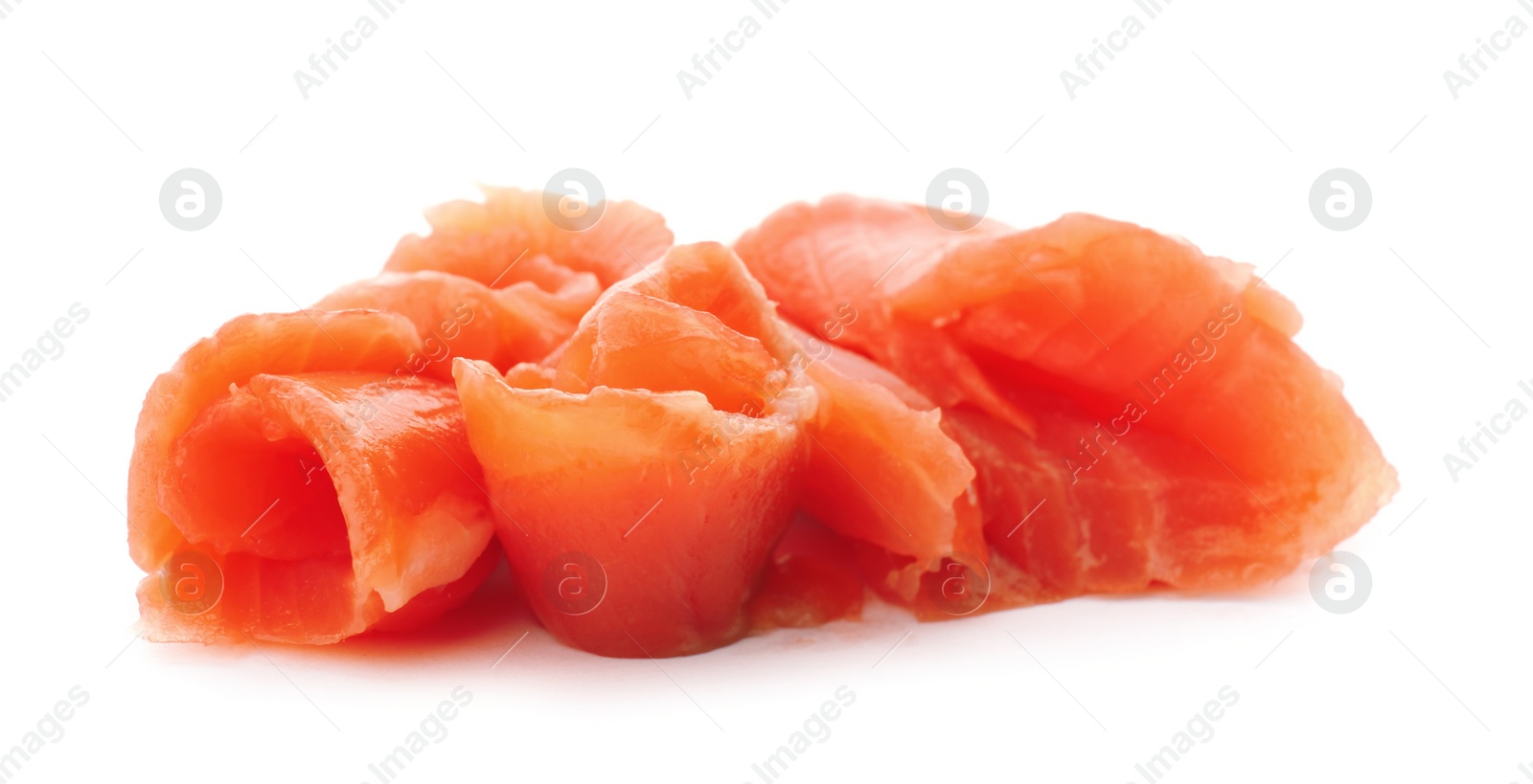 Photo of Fresh sliced salmon fillet on white background