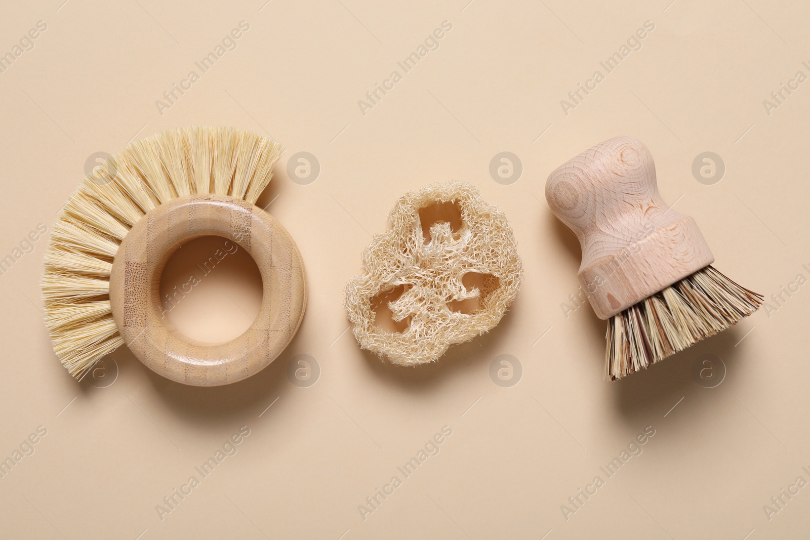 Photo of Cleaning brushes and loofah on beige background, flat lay