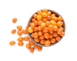 Photo of Fresh ripe sea buckthorn berries in wooden bowl isolated on white, top view