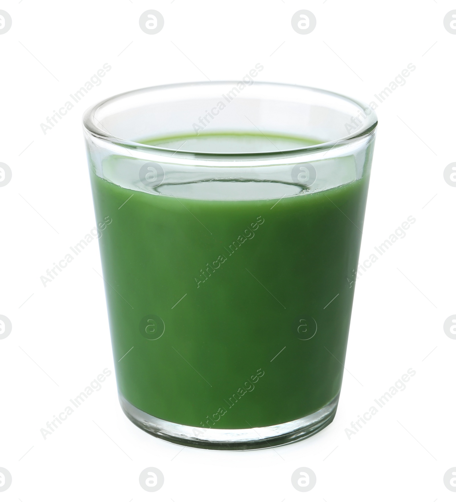 Glass of fresh wheat grass juice on white background Photo of Glass of fresh wheat grass juice on white background