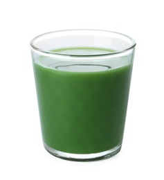 Photo of Glass of fresh wheat grass juice on white background