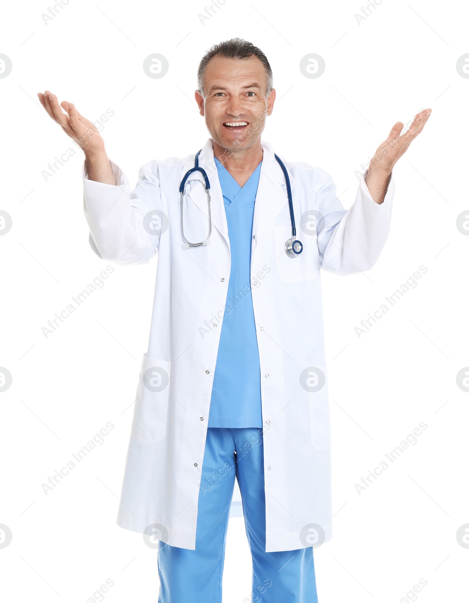 Photo of Portrait of experienced doctor in uniform on white background. Medical service