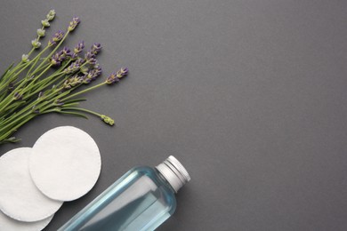 Bottle of makeup remover, cotton pads and lavender on dark grey background, flat lay. Space for text