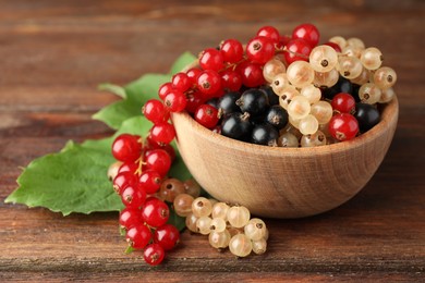 Photo of Different fresh ripe currants and green leaves on wooden table, closeup
