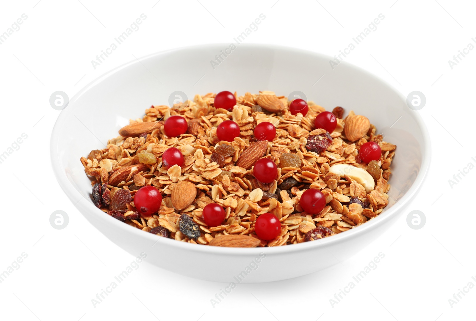 Photo of Tasty granola with cranberries isolated on white. Healthy breakfast