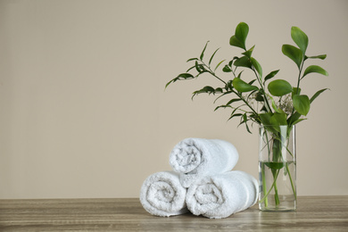 Photo of Clean rolled towels and vase with green plants on wooden table. Space for text