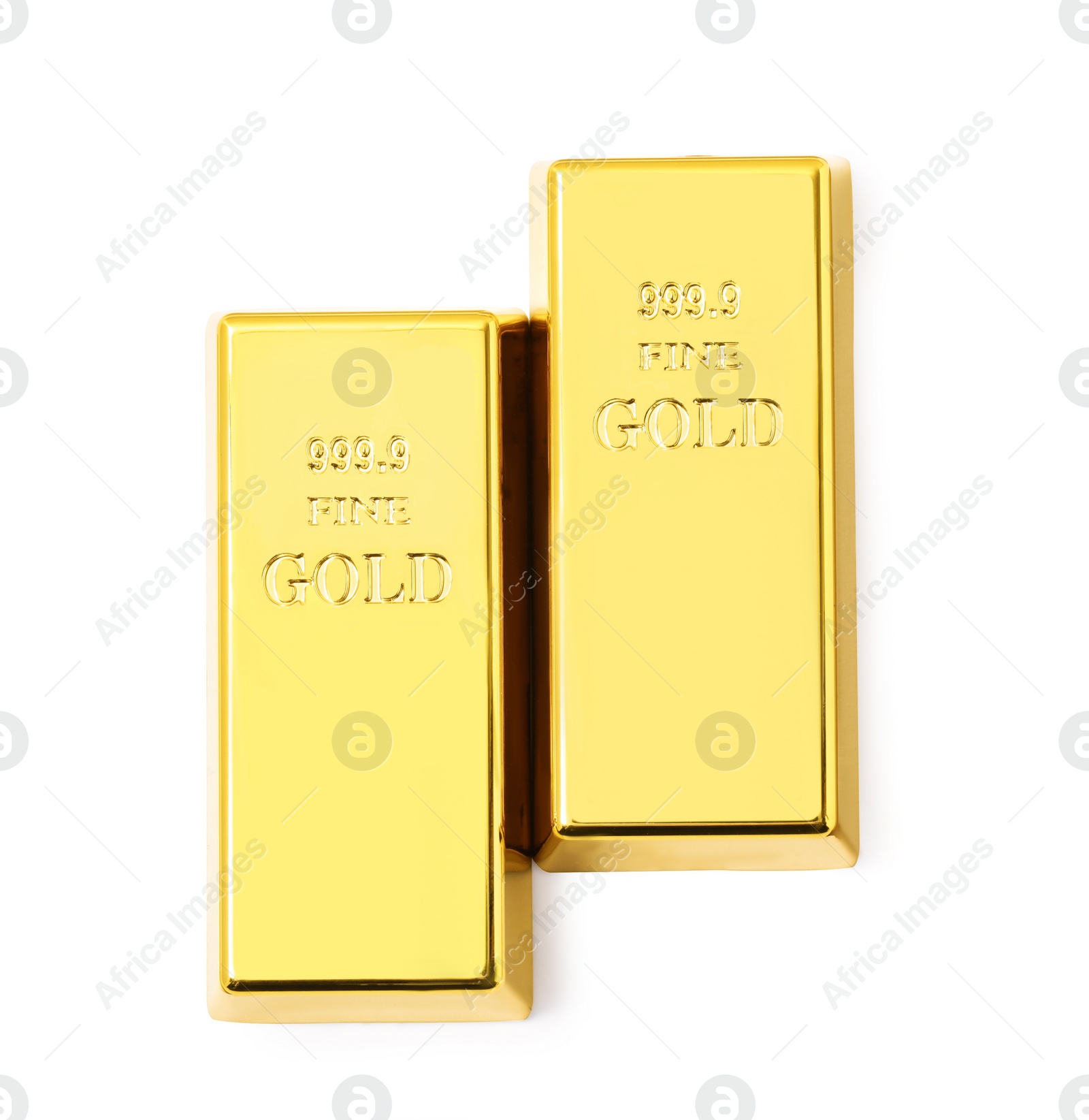 Photo of Shiny gold bars isolated on white, top view