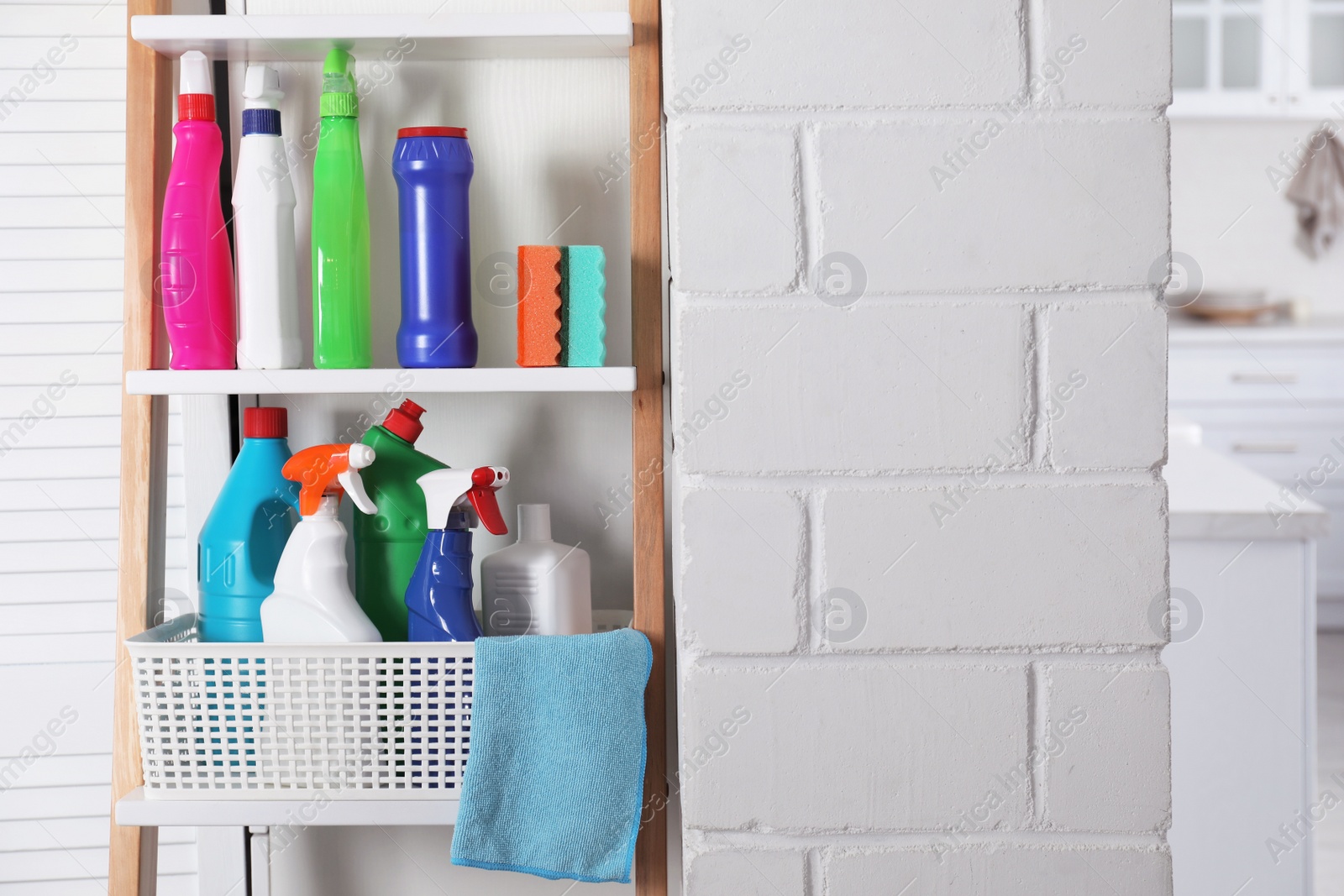 Photo of Rack with detergents and cleaning accessories near white wall indoors. Space for text