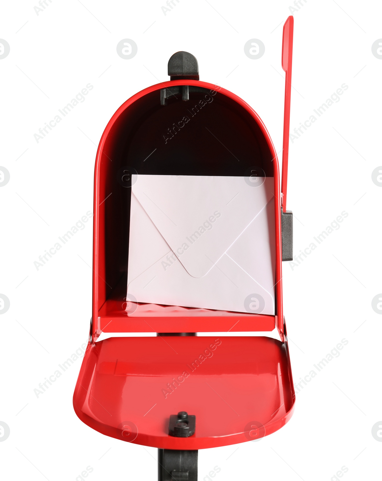 Photo of Open red letter box with correspondence on white background