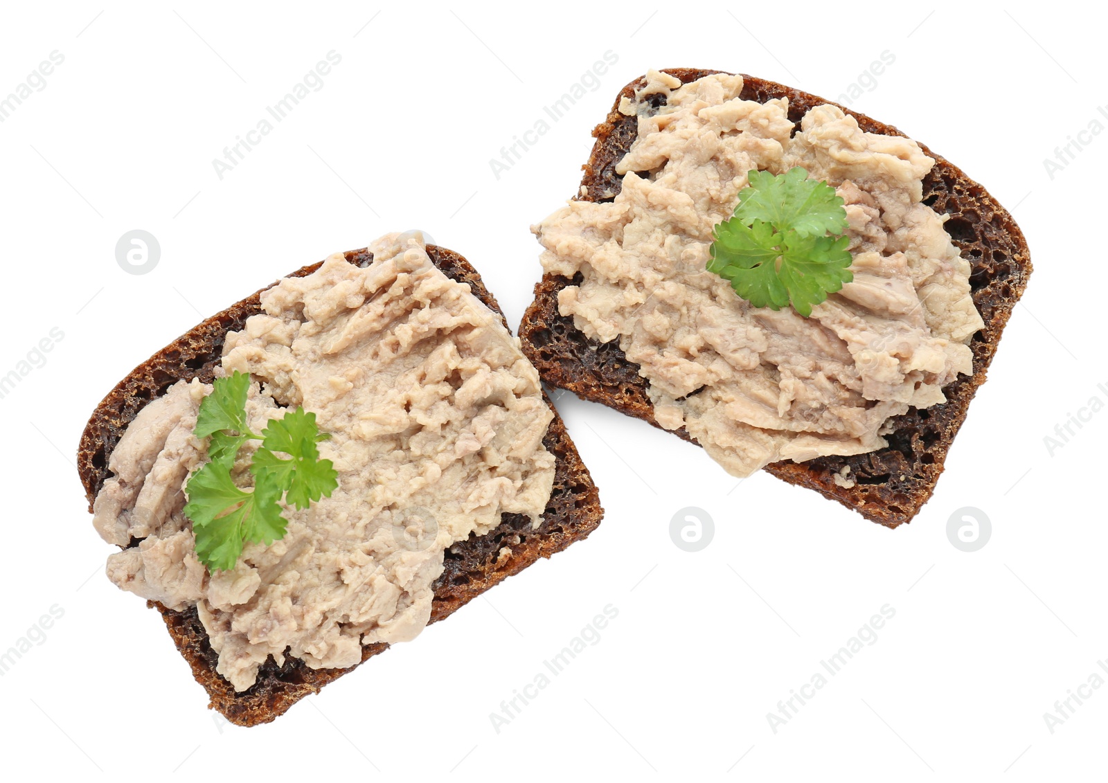 Photo of Tasty sandwiches with cod liver and parsley isolated on white, top view