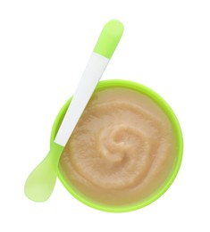 Photo of Healthy baby food in bowl on white background, top view