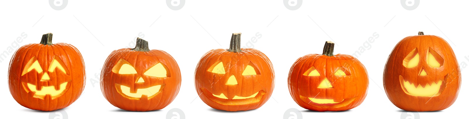 Image of Set of carved Halloween pumpkins on white background. Banner design