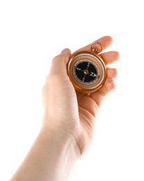 Photo of Man holding compass on white background, closeup