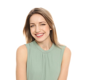 Photo of Portrait of young woman with beautiful face on white background