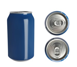 Image of Set with aluminum beverage cans on white background