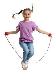 Cute little girl with jump rope on white background