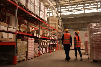 Image of Manager and worker at warehouse, back view. Logistics center