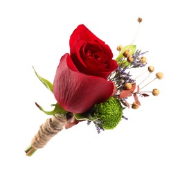 Photo of Stylish boutonniere with red rose isolated on white