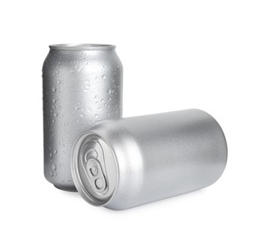 Photo of Aluminium cans of beverage on white background