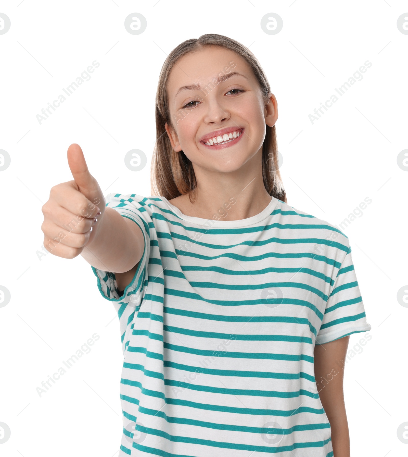 Photo of Teenage girl showing thumb up on white background