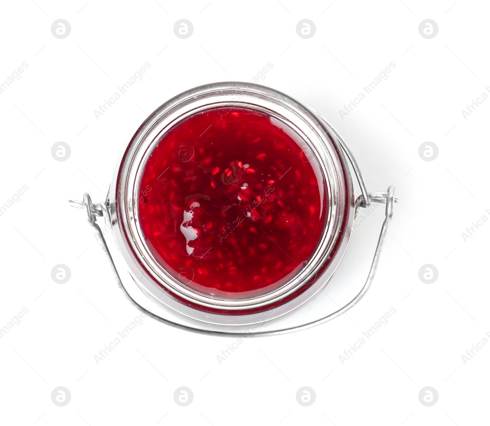 Photo of Jar with delicious raspberry jam on white background