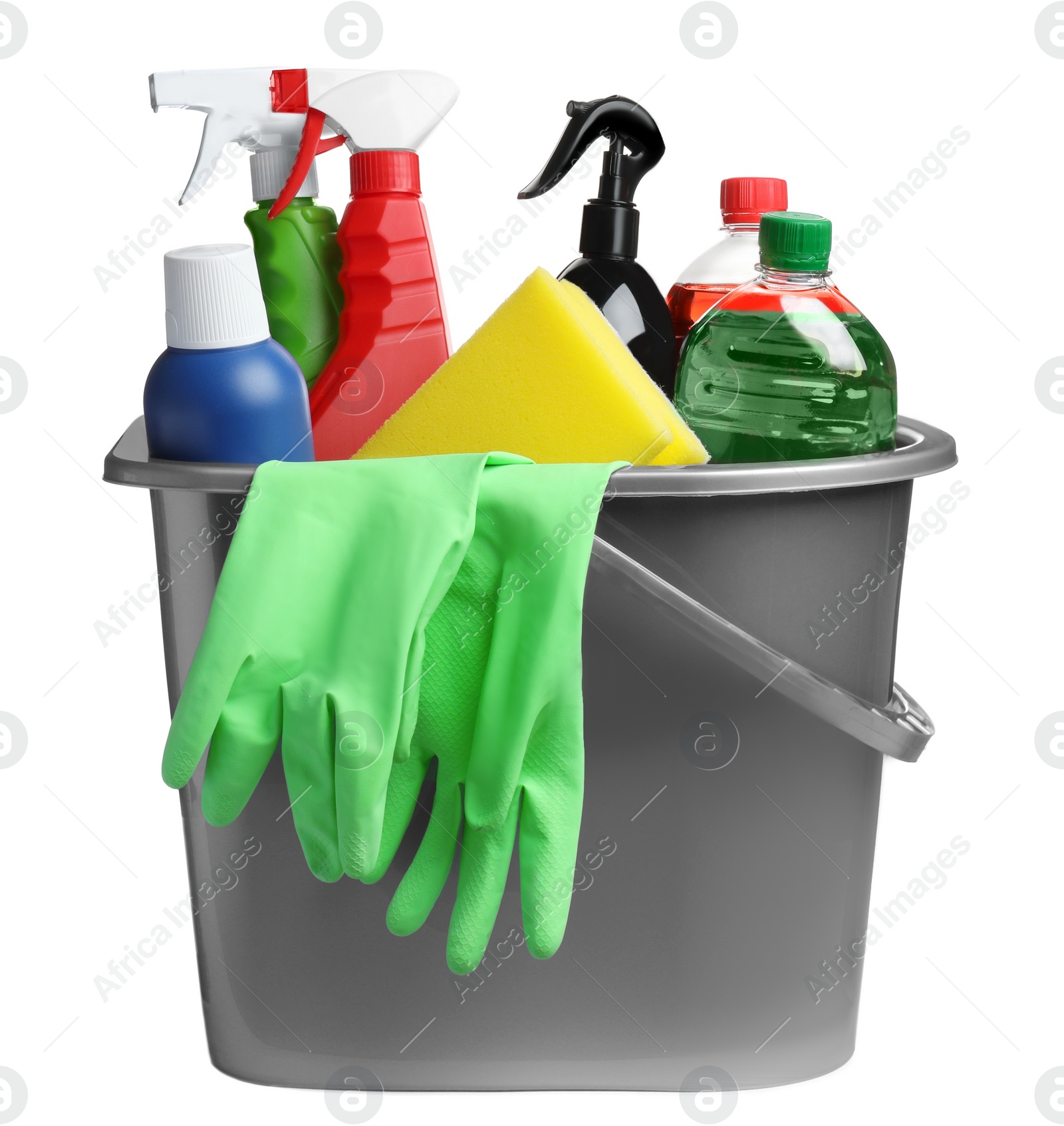 Photo of Grey bucket and many different car wash products on white background