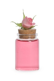 Photo of Bottle of essential rose oil and flower on white background