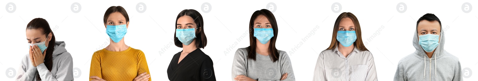 Image of Collage of people wearing medical face masks on white background. Banner design