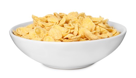 Photo of Breakfast cereal. Tasty corn flakes in bowl isolated on white