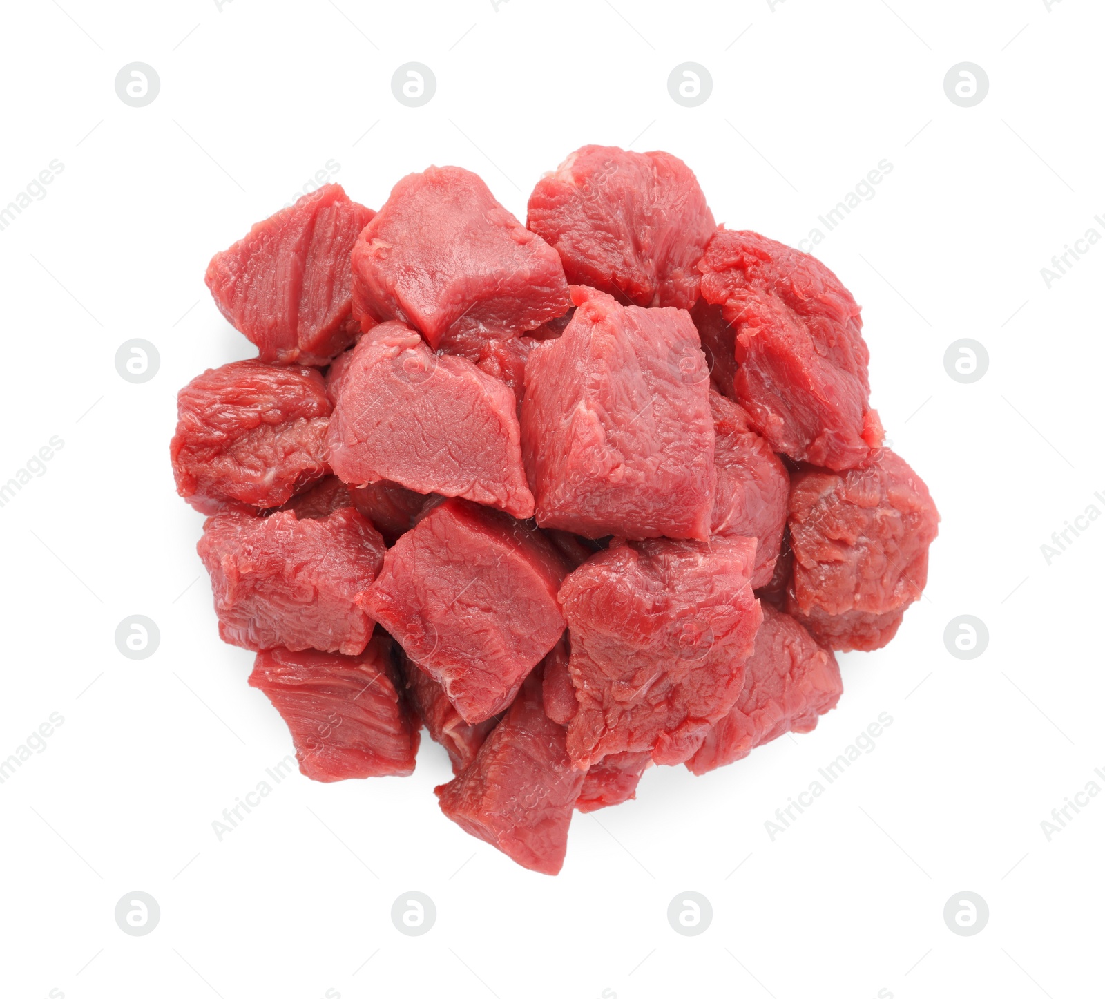 Photo of Pieces of raw beef meat isolated on white, top view