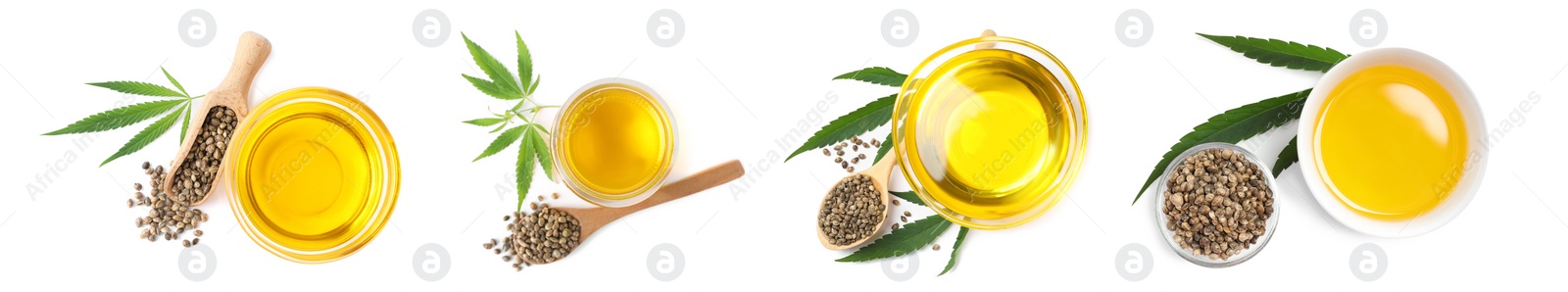 Image of Set with hemp oil, seeds and leaves on white background, top view. Banner design