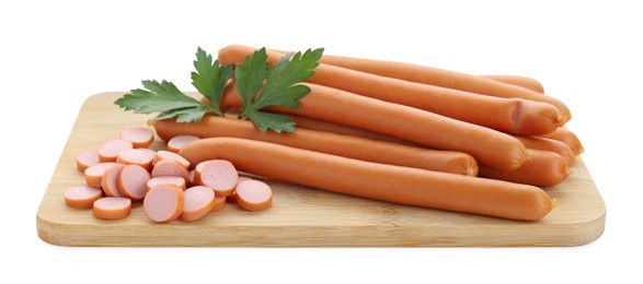 Photo of Fresh raw sausages and parsley isolated on white. Meat product