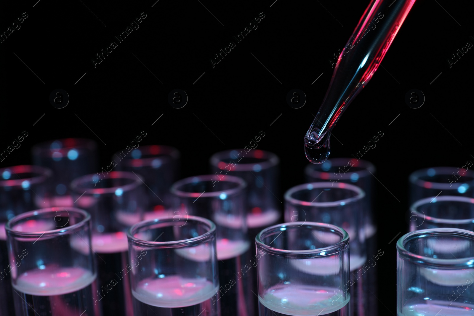 Photo of Dripping reagent into test tube on black background, closeup. Laboratory analysis