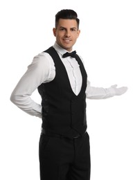 Handsome butler in elegant uniform on white background