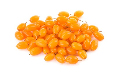 Photo of Fresh ripe sea buckthorn berries on white background