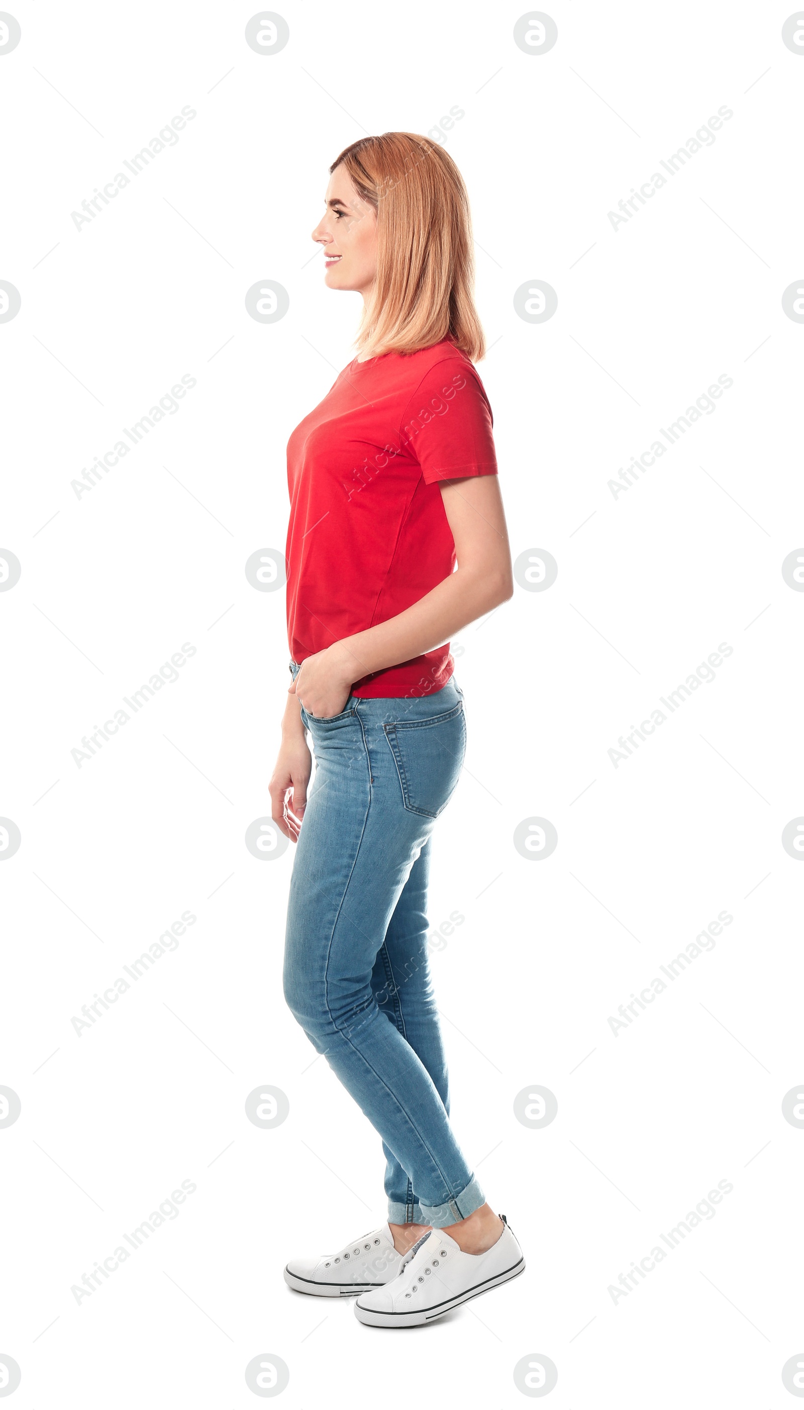Photo of Full length portrait of beautiful woman posing on white background