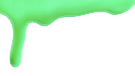 Photo of Green nail polish flowing on white background