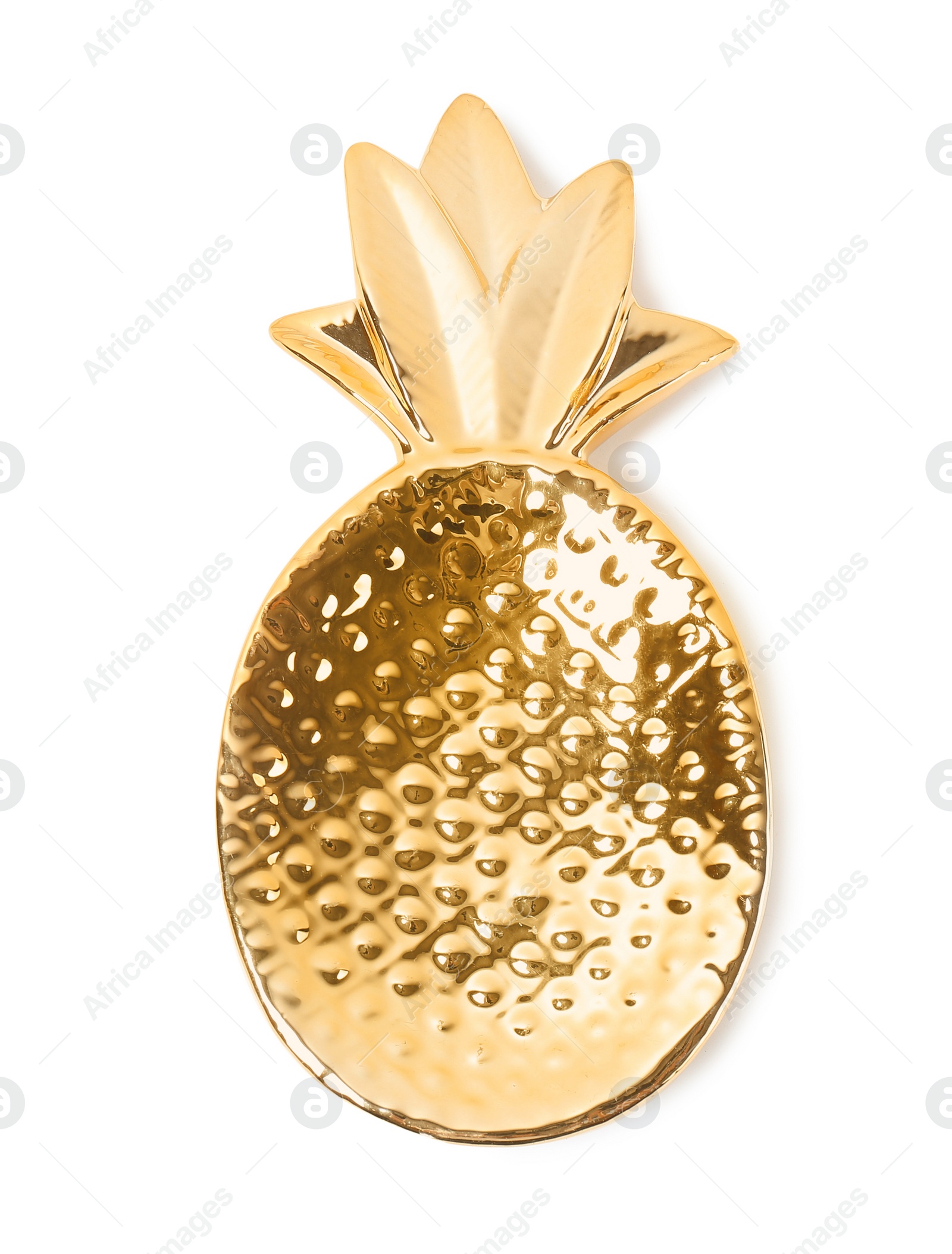 Photo of Trendy gold pineapple shaped plate on white background, top view
