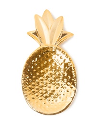 Photo of Trendy gold pineapple shaped plate on white background, top view