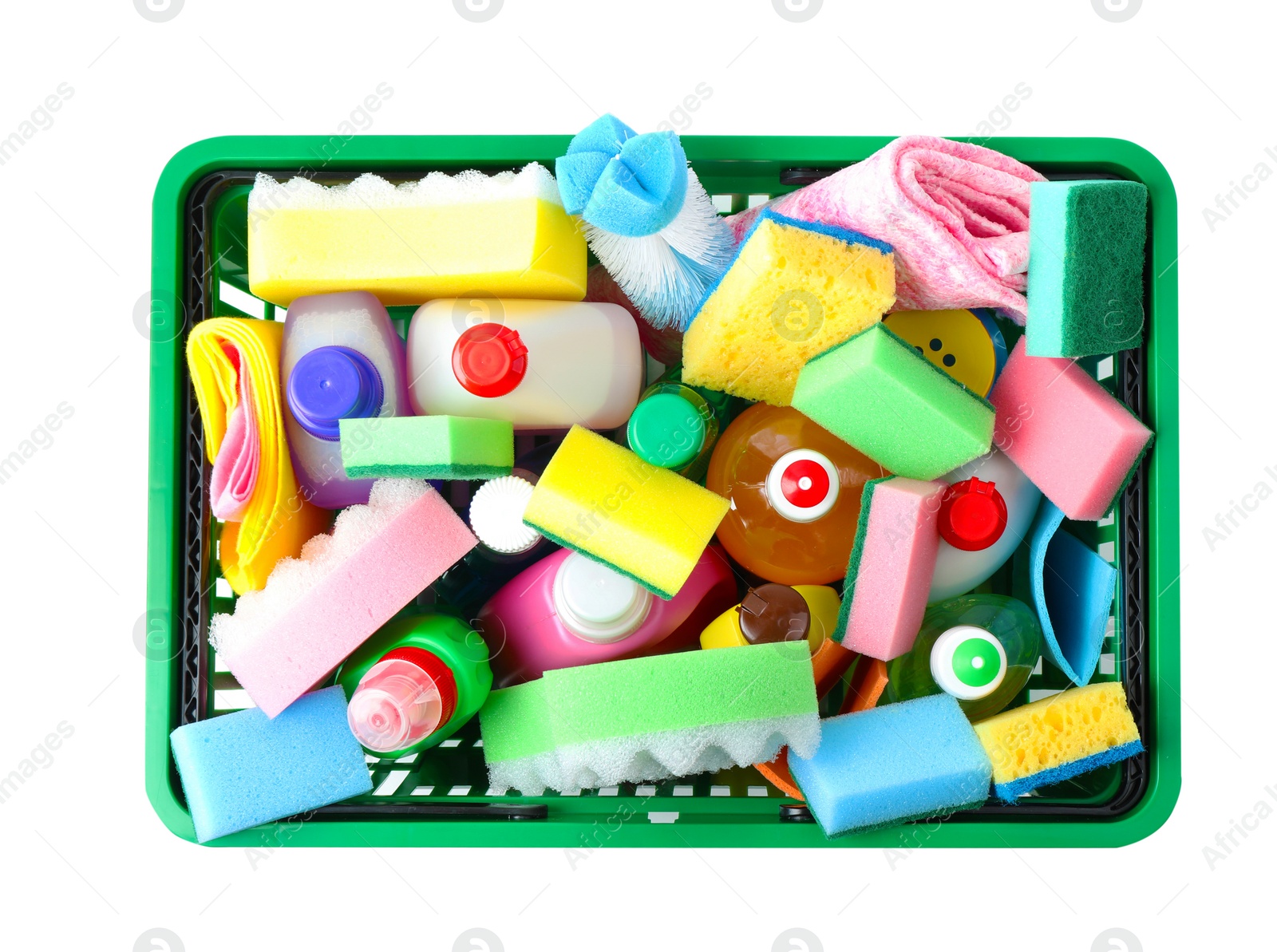 Photo of Shopping basket with different detergents on white background, top view