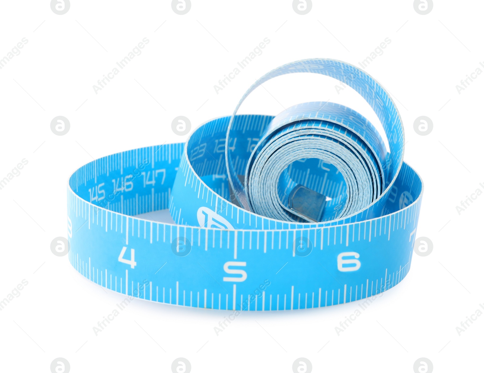 Photo of Long light blue measuring tape isolated on white