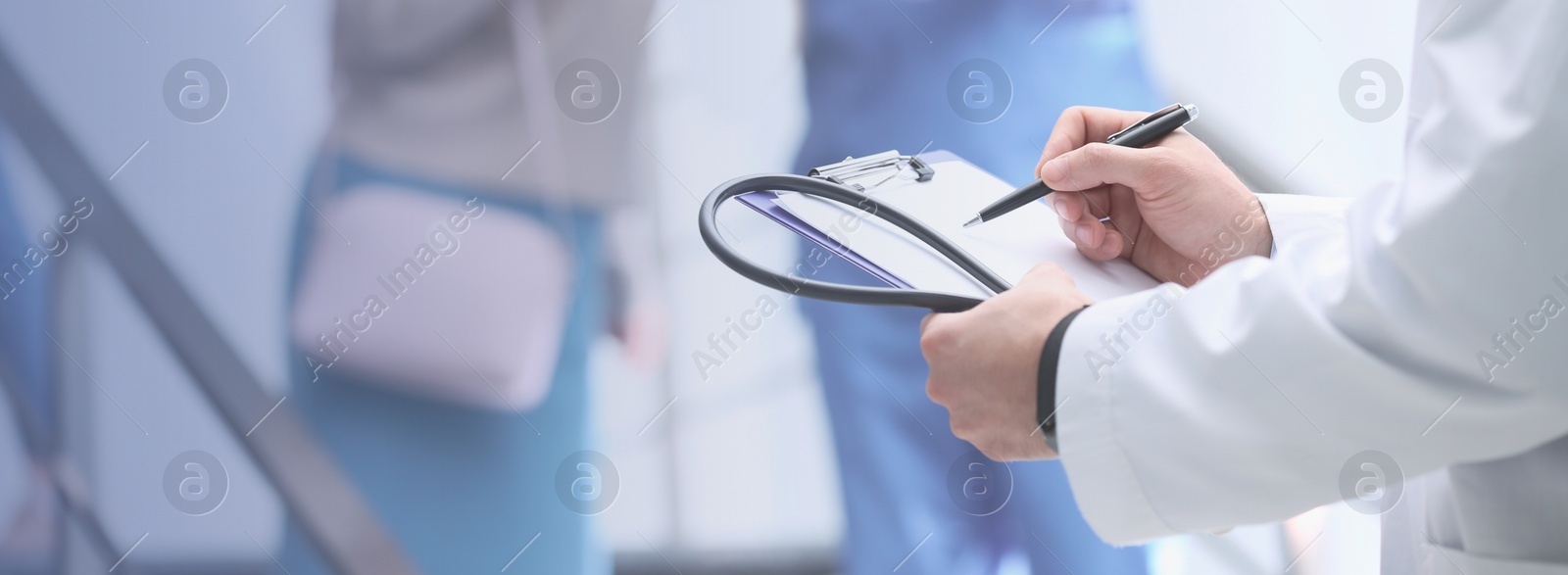 Image of Doctor checking patient's analysis results in hospital, closeup. Banner design