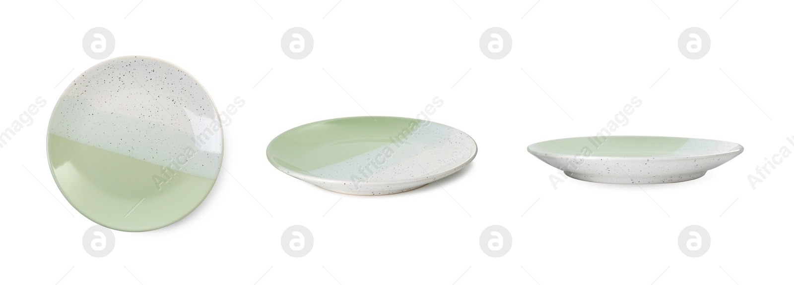 Image of Empty ceramic plate isolated on white, set with different views