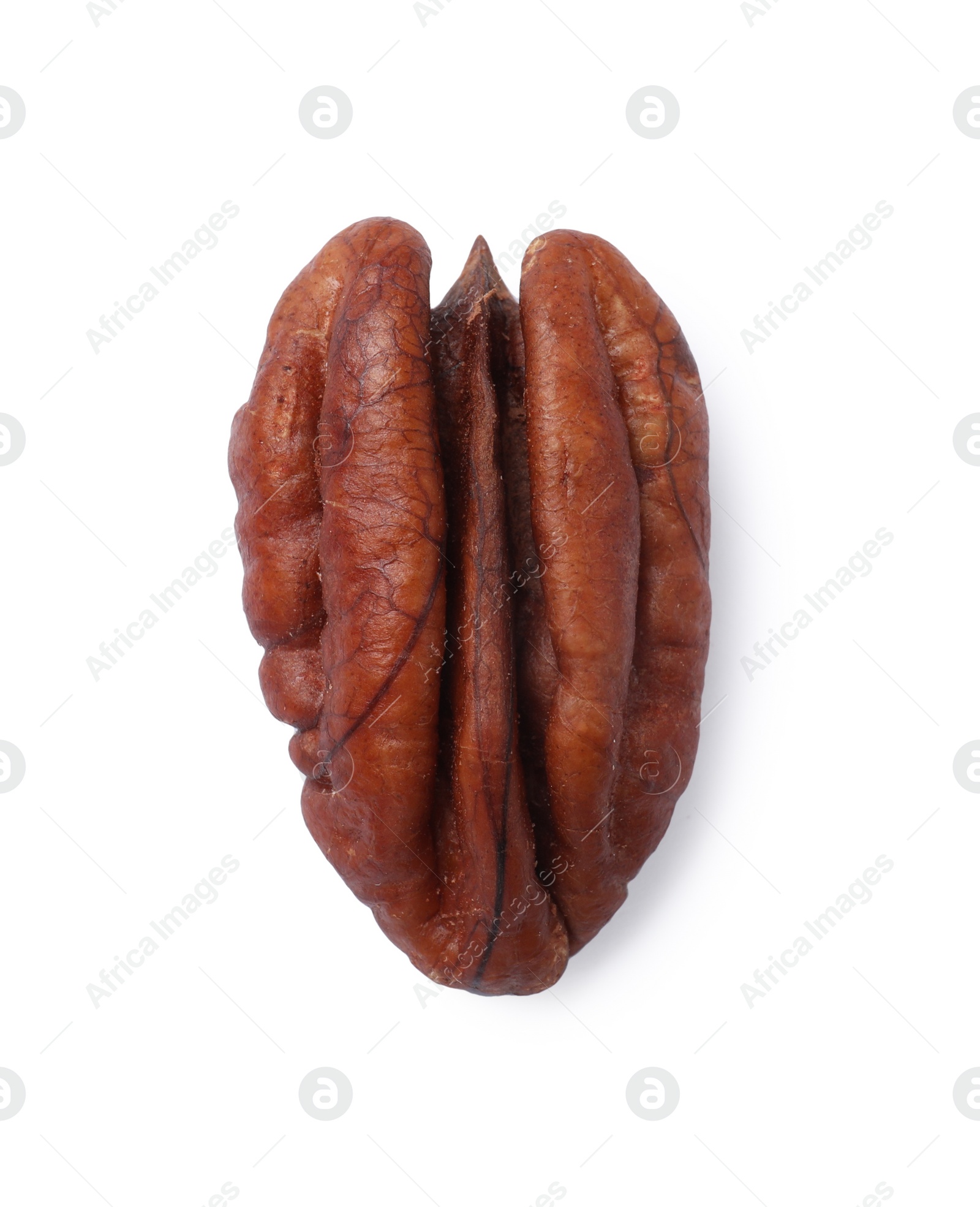 Photo of One tasty pecan nut isolated on white, top view