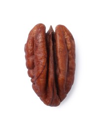 Photo of One tasty pecan nut isolated on white, top view