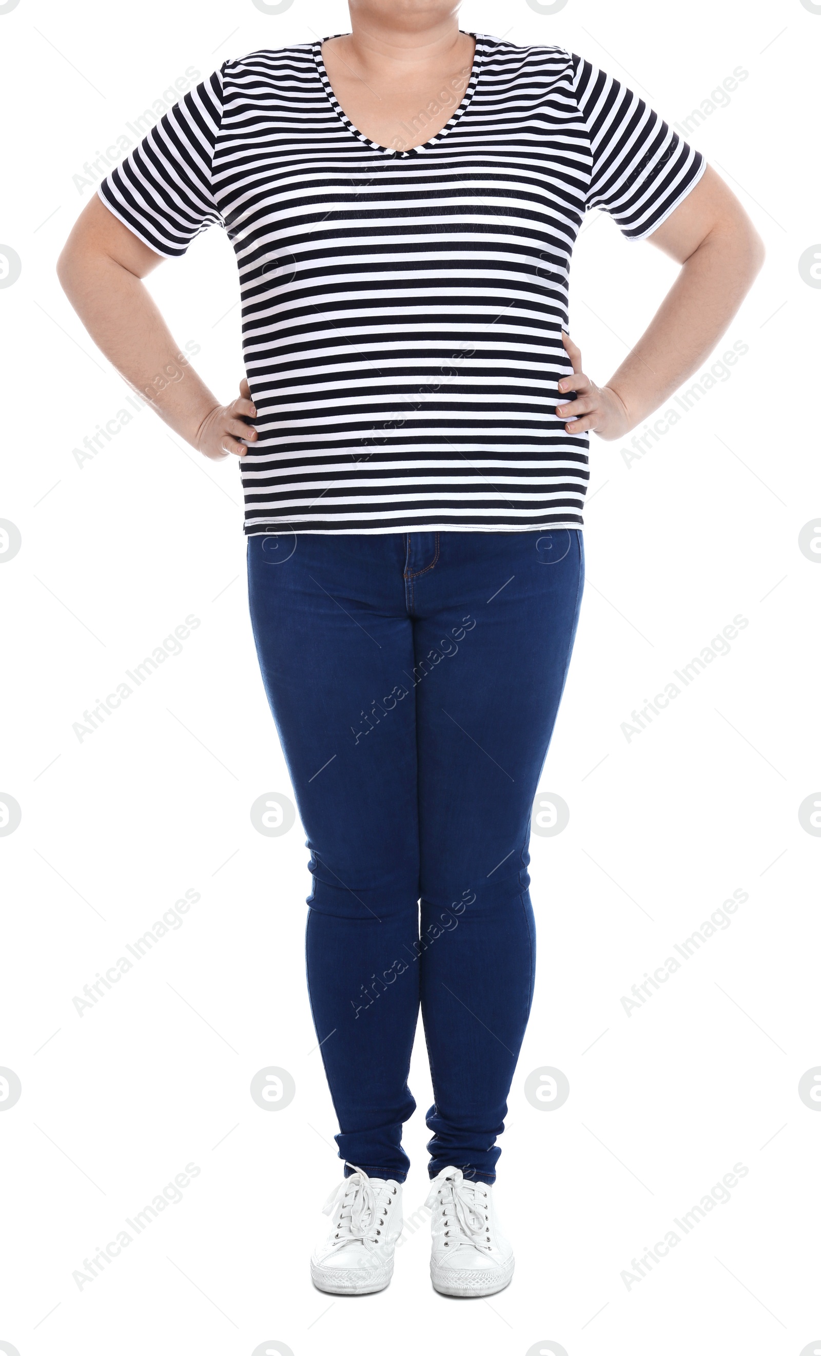 Photo of Overweight woman on white background, closeup. Weight loss