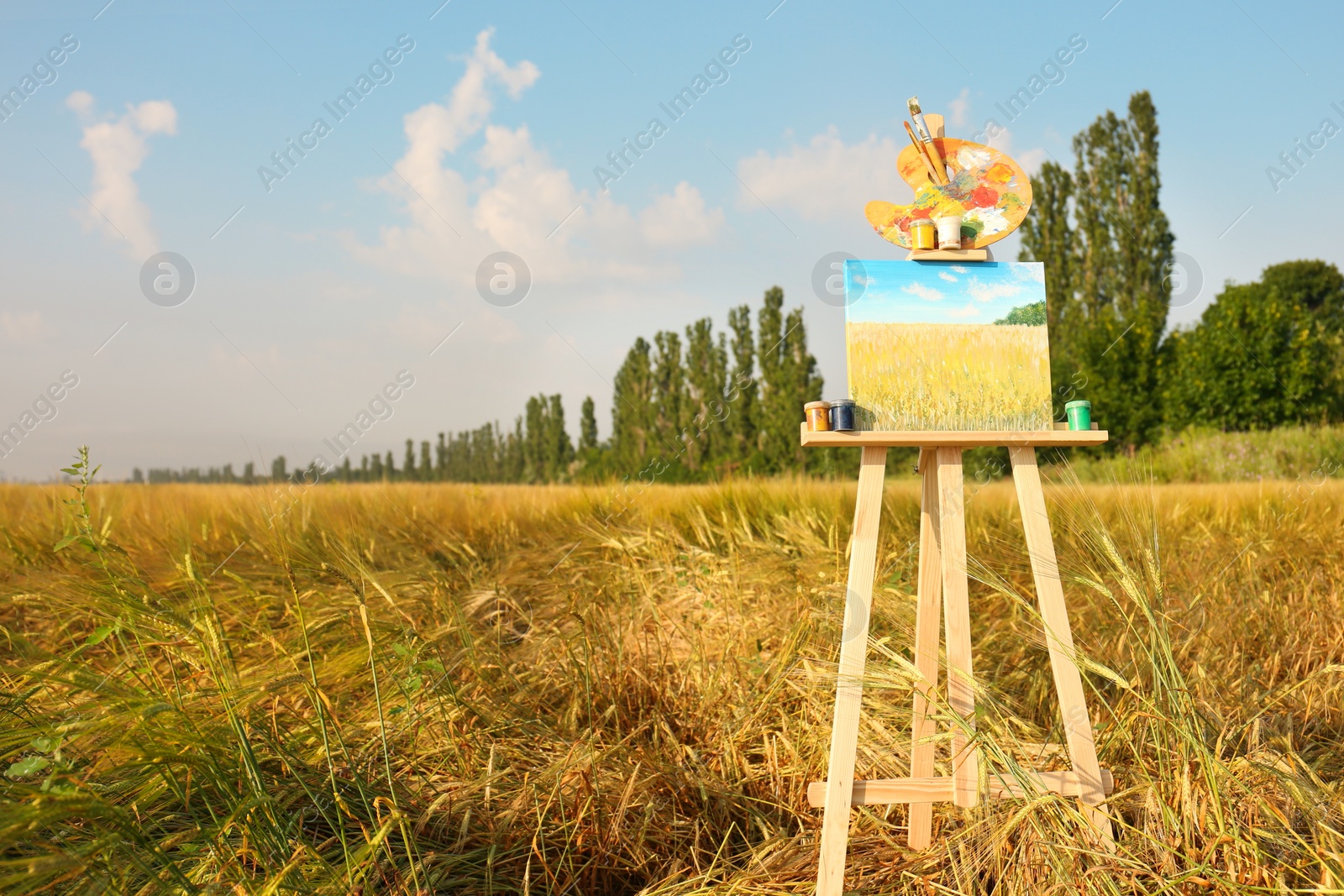 Photo of Wooden easel with beautiful picture and painting equipment in field. Space for text