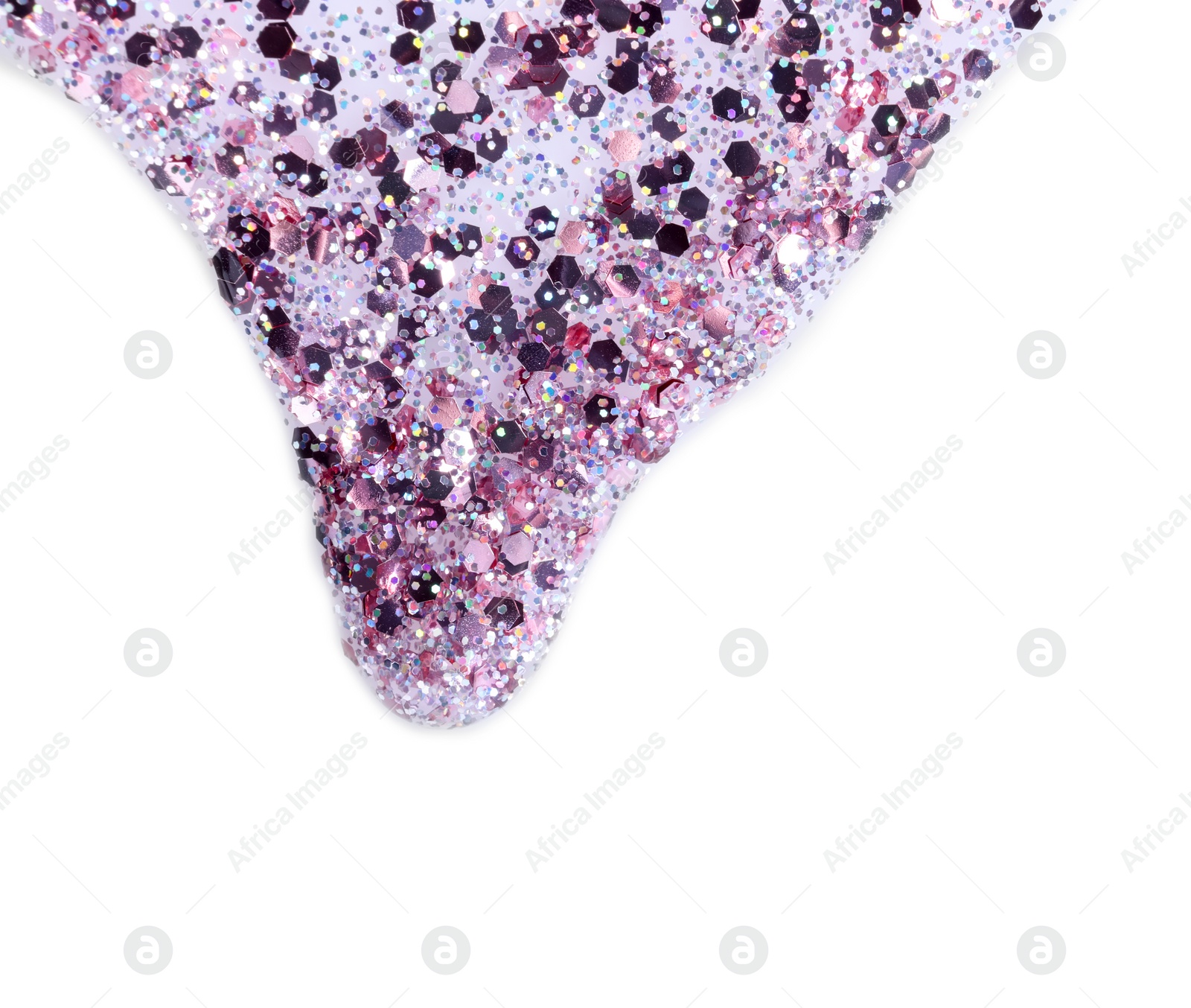 Photo of Nail polish with glitter flowing on white background