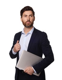 Photo of Portrait of serious man with laptop on white background. Lawyer, businessman, accountant or manager